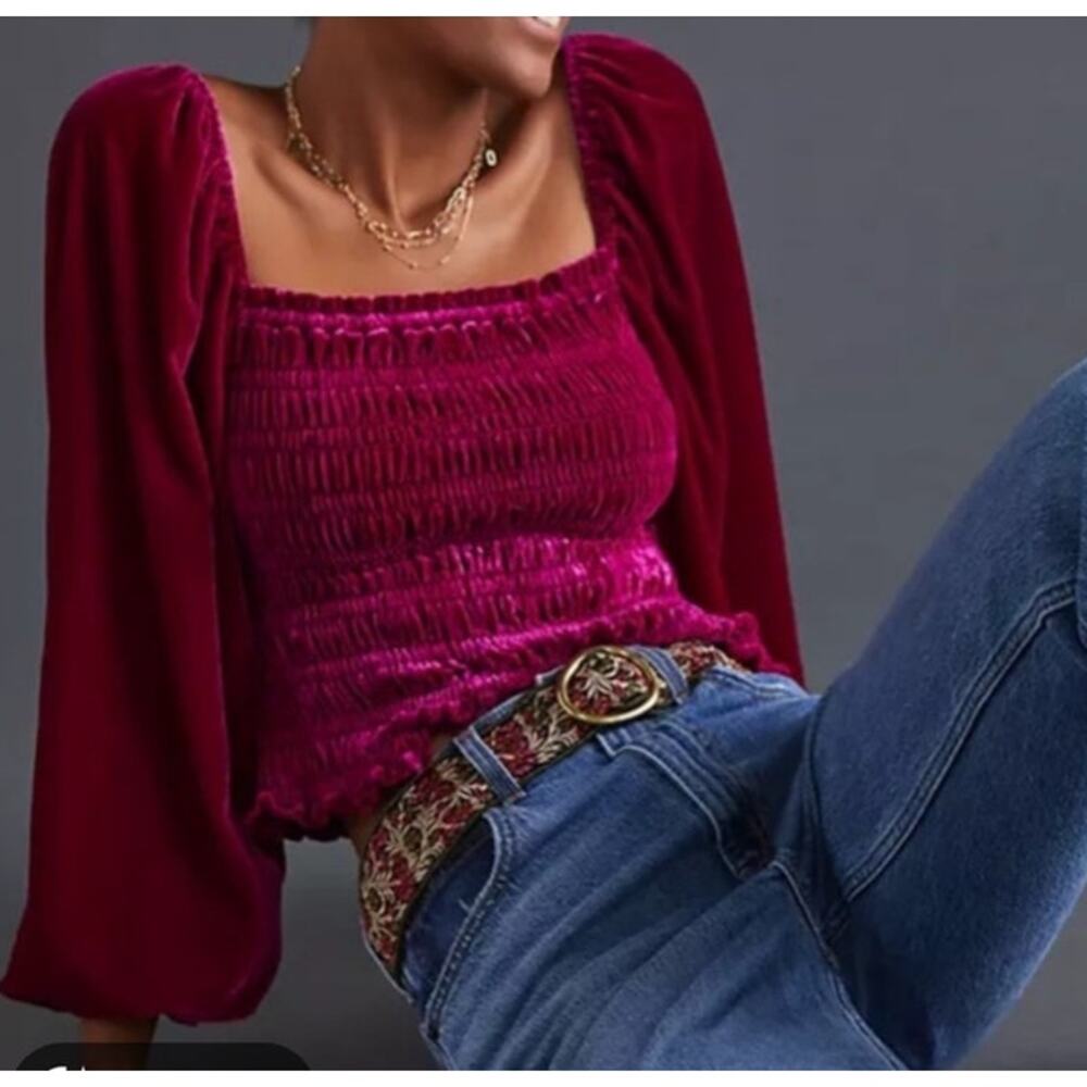Anthropologie Velvet Smocked Puff Sleeve Crop Top XS